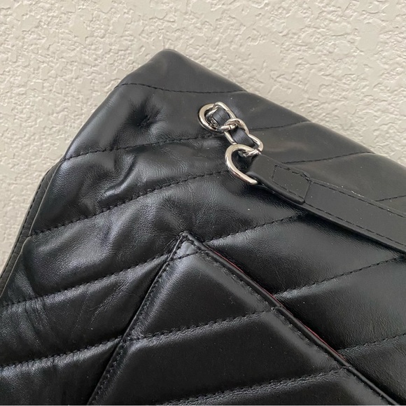 Black Chevron Quilted 15" Large Leather Convertible Crossbody Shoulder Bag C6 - Picture 5 of 13
